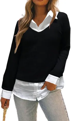 Oyamiki Women's Casual Collared Curved Hem 2 in 1 Pullover Tops Plaid Contrast Shirt Blouse