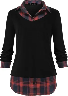 Oyamiki Women's Casual Collared Curved Hem 2 in 1 Pullover Tops Plaid Contrast Shirt Blouse