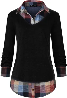 Oyamiki Women's Casual Collared Curved Hem 2 in 1 Pullover Tops Plaid Contrast Shirt Blouse