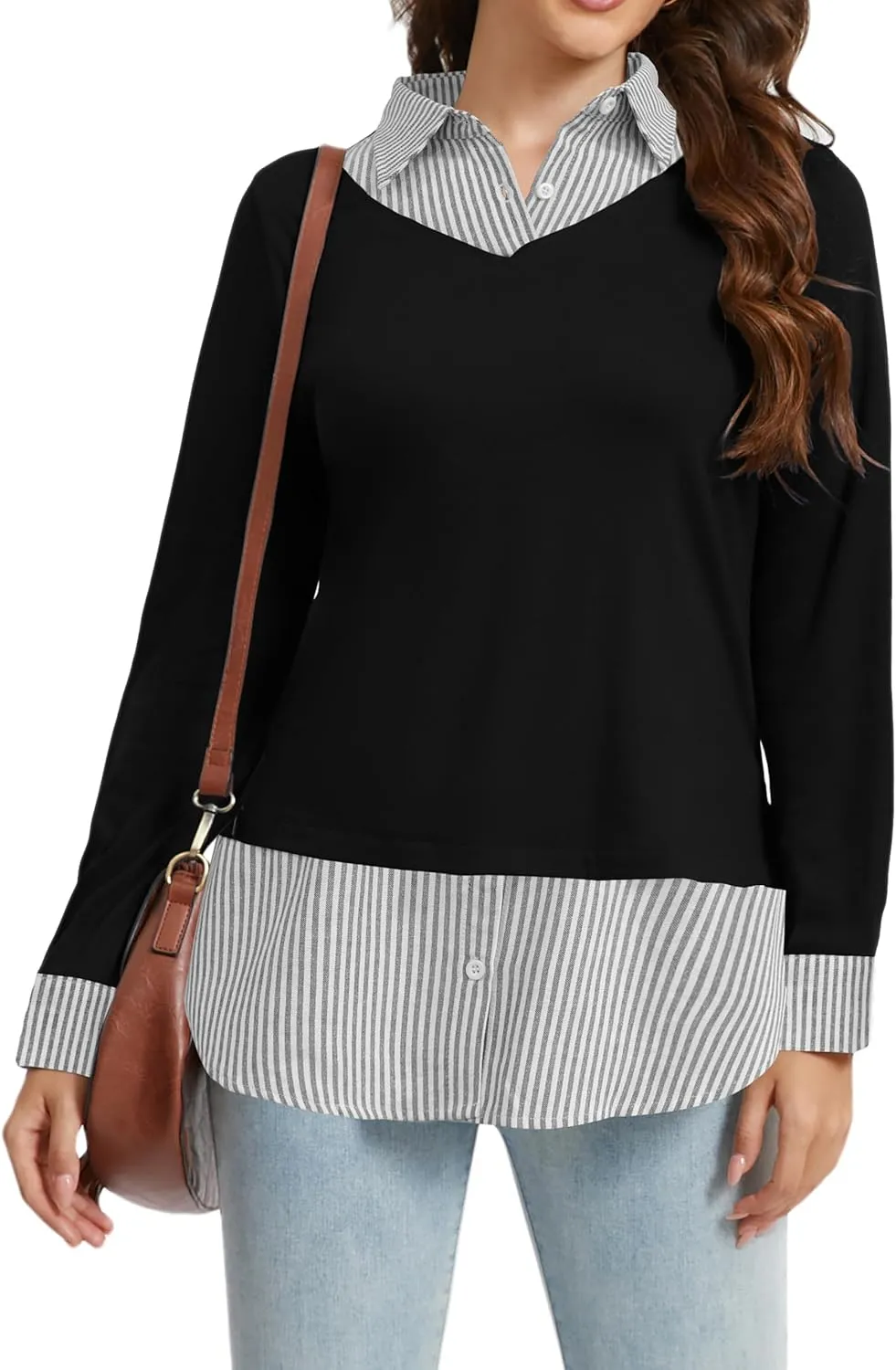 Oyamiki Women's Casual Collared Curved Hem 2 in 1 Pullover Tops Plaid Contrast Shirt Blouse