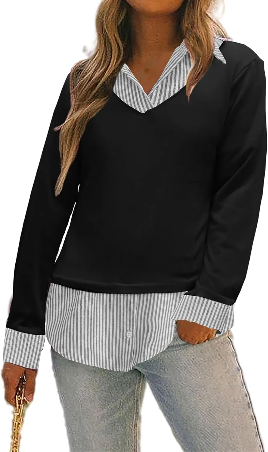 Oyamiki Women's Casual Collared Curved Hem 2 in 1 Pullover Tops Plaid Contrast Shirt Blouse