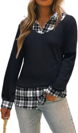 Oyamiki Women's Casual Collared Curved Hem 2 in 1 Pullover Tops Plaid Contrast Shirt Blouse
