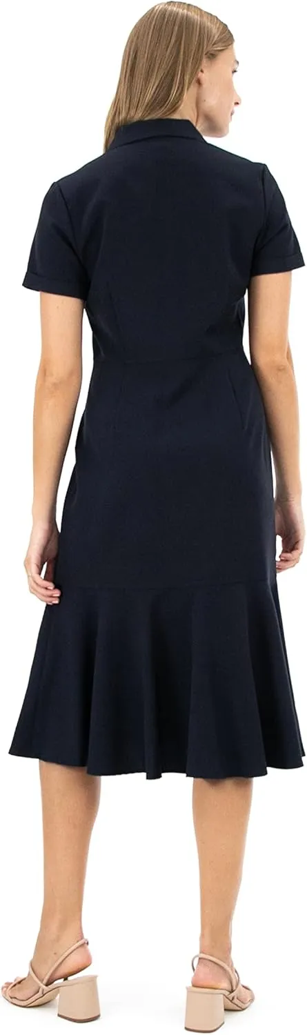 Sharagano Women's Short Sleeve Button Front Shirt Dress with Ruffle Bottom