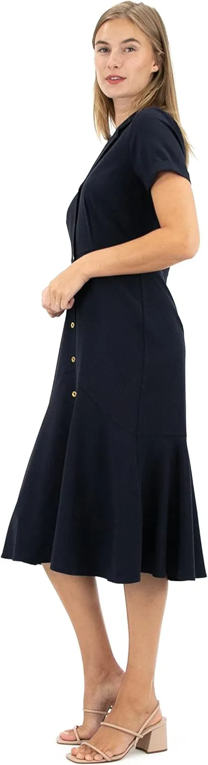 Sharagano Women's Short Sleeve Button Front Shirt Dress with Ruffle Bottom