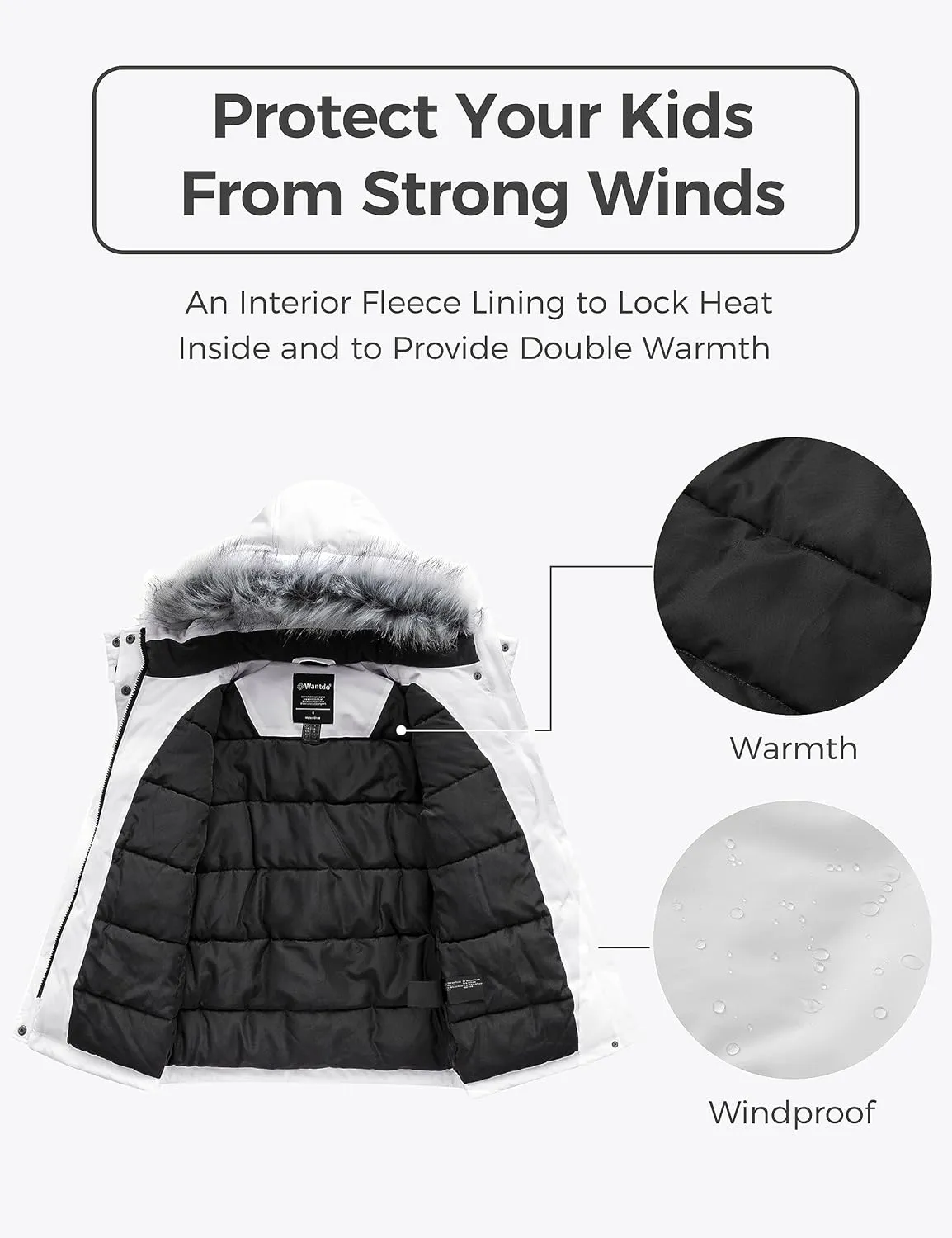 wantdo Girl's Winter Coat Warm Fleece Puffer Jacket Waterproof Parka with Faux Fur Hood