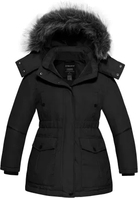 wantdo Girl's Winter Coat Warm Fleece Puffer Jacket Waterproof Parka with Faux Fur Hood
