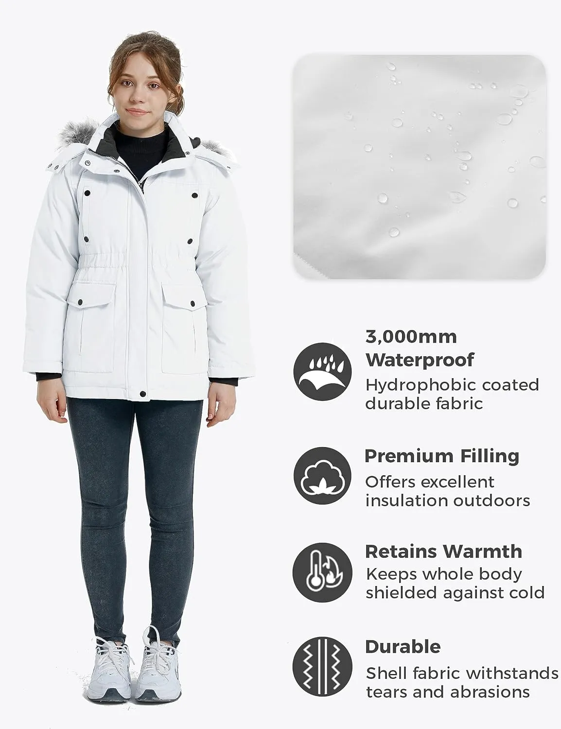 wantdo Girl's Winter Coat Warm Fleece Puffer Jacket Waterproof Parka with Faux Fur Hood