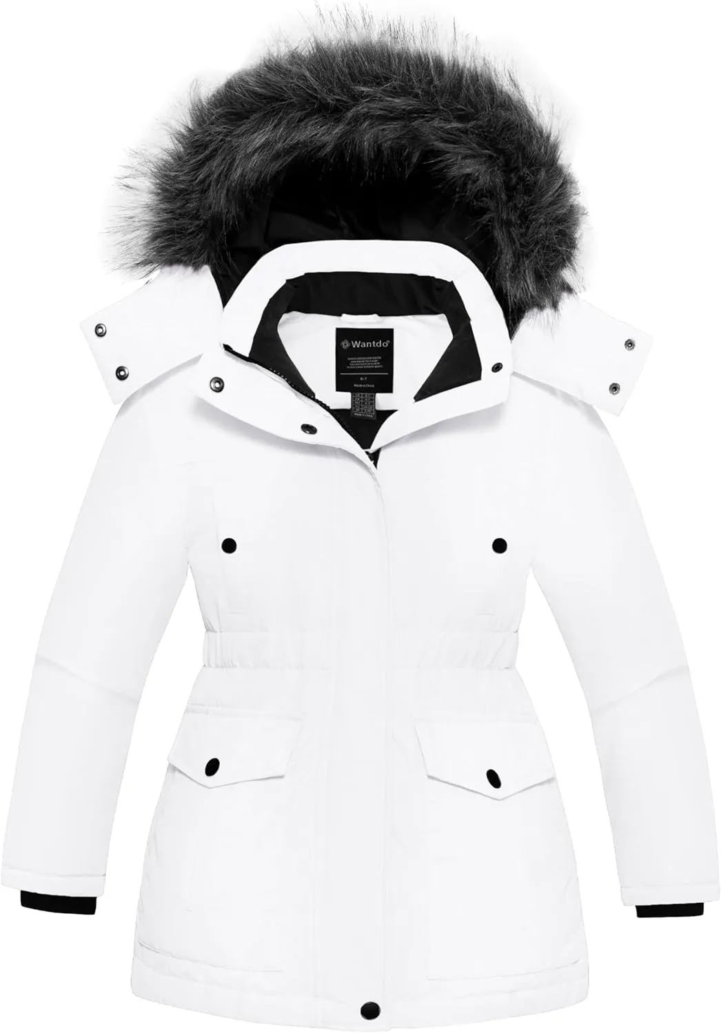 wantdo Girl's Winter Coat Warm Fleece Puffer Jacket Waterproof Parka with Faux Fur Hood