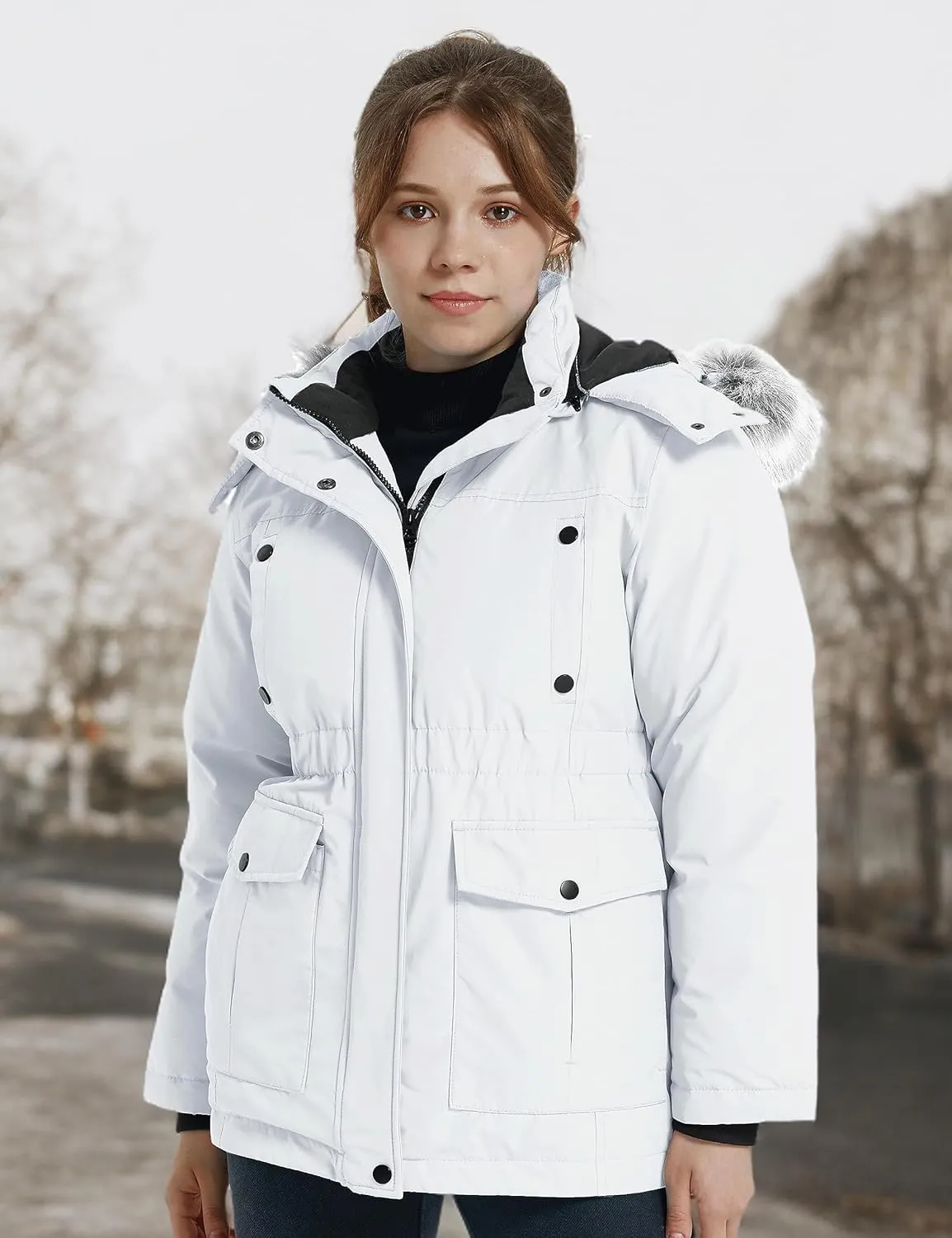 wantdo Girl's Winter Coat Warm Fleece Puffer Jacket Waterproof Parka with Faux Fur Hood