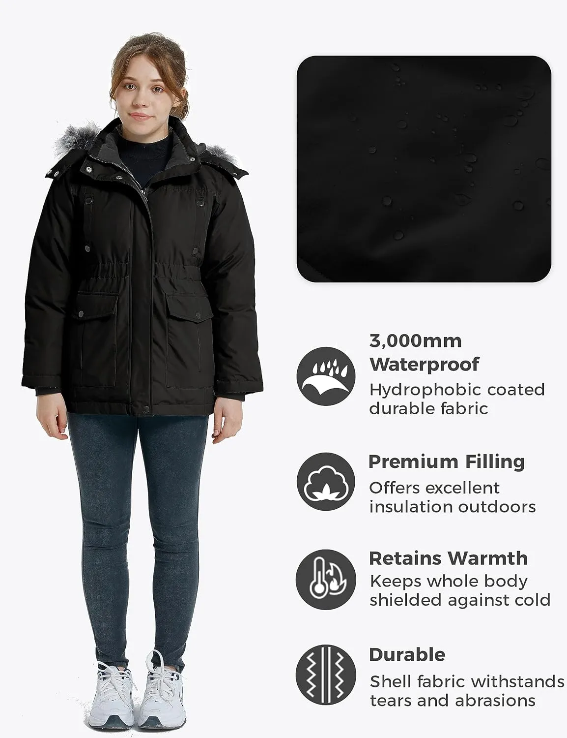 wantdo Girl's Winter Coat Warm Fleece Puffer Jacket Waterproof Parka with Faux Fur Hood