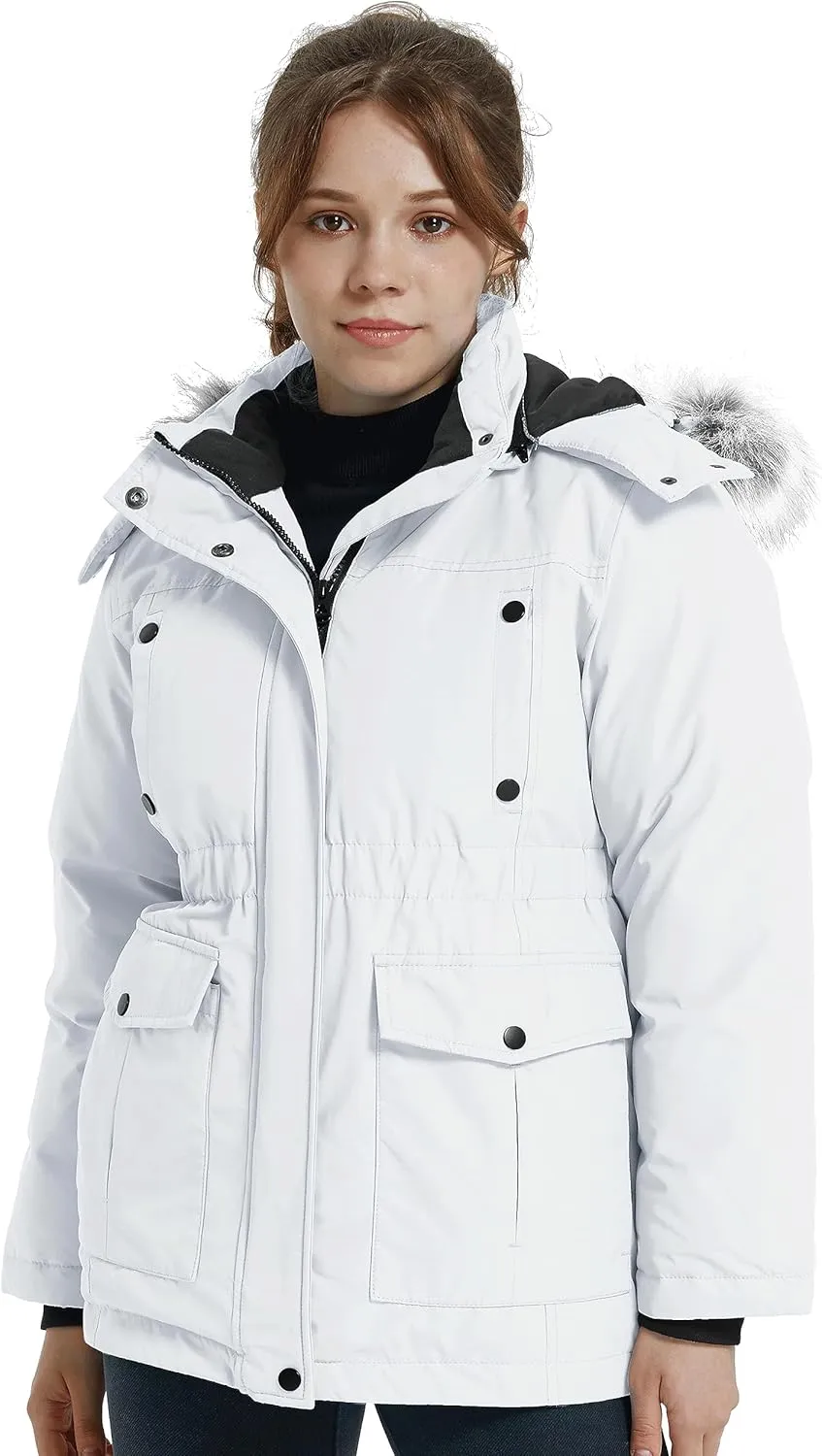 wantdo Girl's Winter Coat Warm Fleece Puffer Jacket Waterproof Parka with Faux Fur Hood
