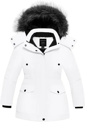 wantdo Girl's Winter Coat Warm Fleece Puffer Jacket Waterproof Parka with Faux Fur Hood