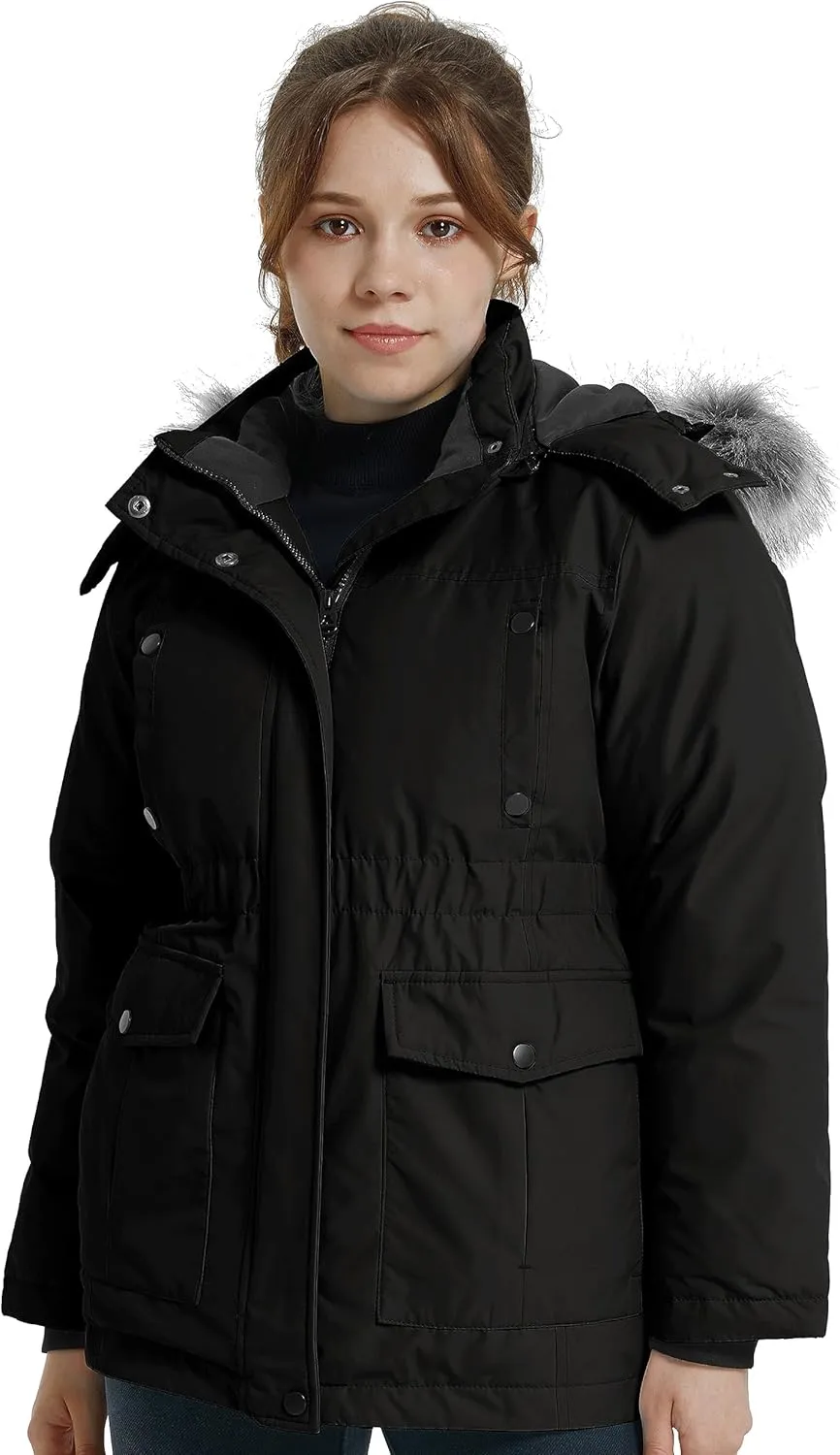 wantdo Girl's Winter Coat Warm Fleece Puffer Jacket Waterproof Parka with Faux Fur Hood
