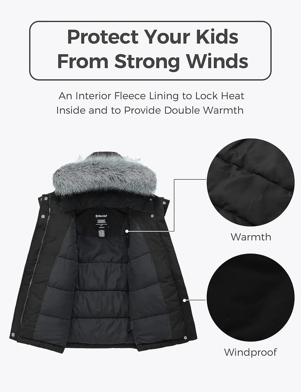 wantdo Girl's Winter Coat Warm Fleece Puffer Jacket Waterproof Parka with Faux Fur Hood