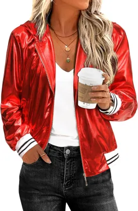 Women Silver Metallic Holographic Glitter Jacket Sparkly Zipper Hooded Concert Rave Party Bomber Jackets with Pocket