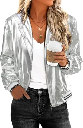 Women Silver Metallic Holographic Glitter Jacket Sparkly Zipper Hooded Concert Rave Party Bomber Jackets with Pocket