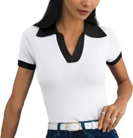 Women's Polo Shirts Casual Short Sleeve V Neck Collared Colorblock Golf Shirt