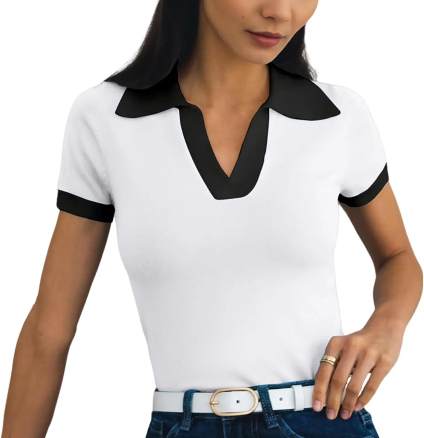 Women's Polo Shirts Casual Short Sleeve V Neck Collared Colorblock Golf Shirt