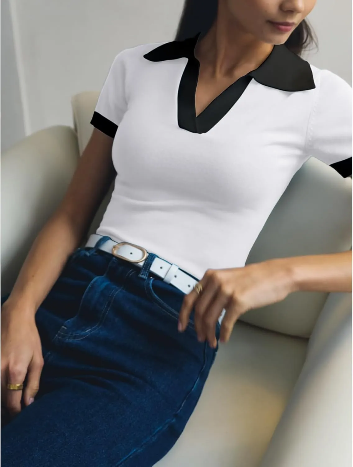 Women's Polo Shirts Casual Short Sleeve V Neck Collared Colorblock Golf Shirt