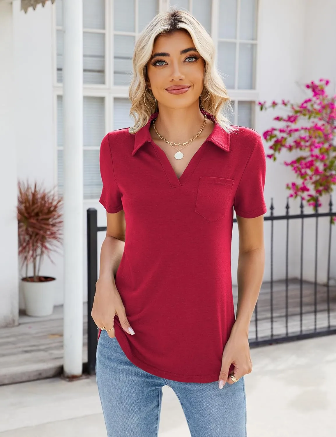 Women's Polo Shirts Collared Work Tops Short Sleeve Business Casual Dressy Blouses Summer Tops with Pocket