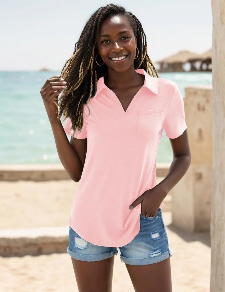 Women's Polo Shirts Collared Work Tops Short Sleeve Business Casual Dressy Blouses Summer Tops with Pocket