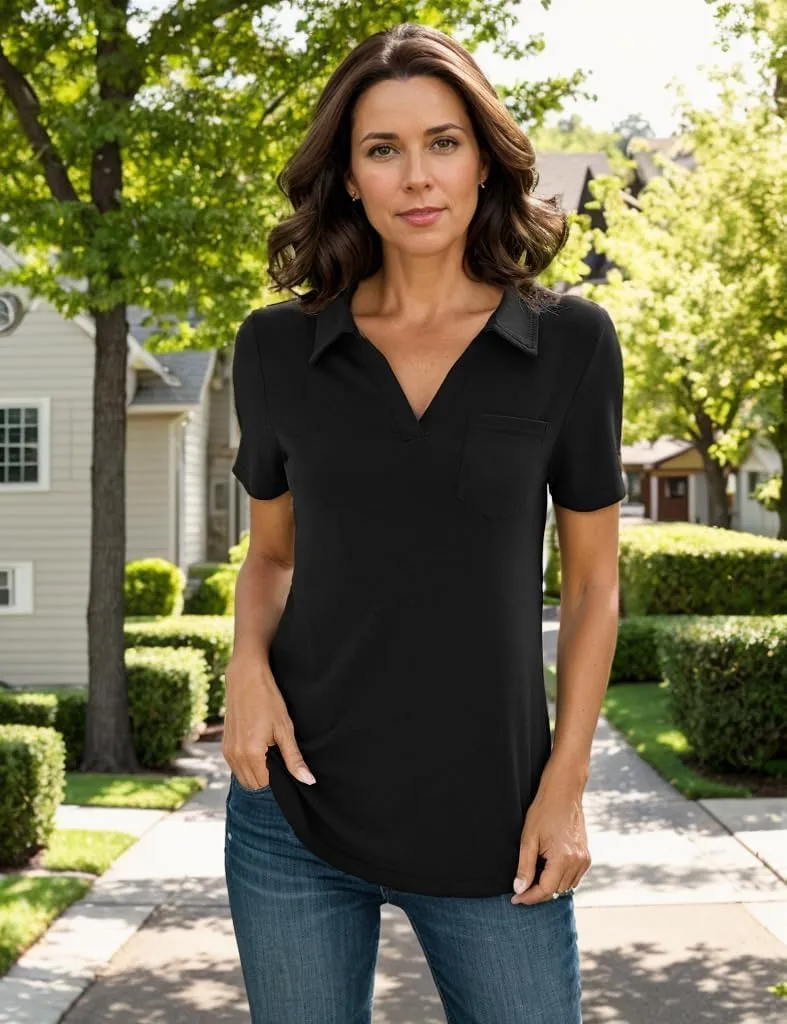 Women's Polo Shirts Collared Work Tops Short Sleeve Business Casual Dressy Blouses Summer Tops with Pocket