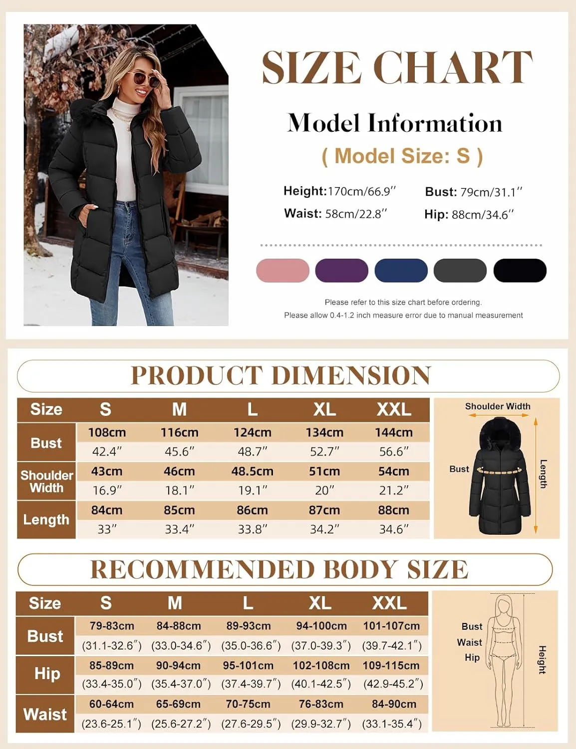 Womens Winter Coats Puffer Down Parka Thicken Warm Hooded Jacket Fleece Lined Outwear with Removable Faux Fur Hood