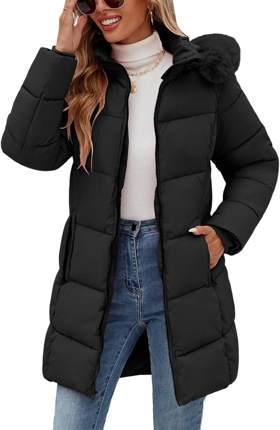 Womens Winter Coats Puffer Down Parka Thicken Warm Hooded Jacket Fleece Lined Outwear with Removable Faux Fur Hood