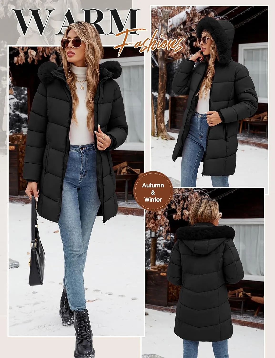Womens Winter Coats Puffer Down Parka Thicken Warm Hooded Jacket Fleece Lined Outwear with Removable Faux Fur Hood
