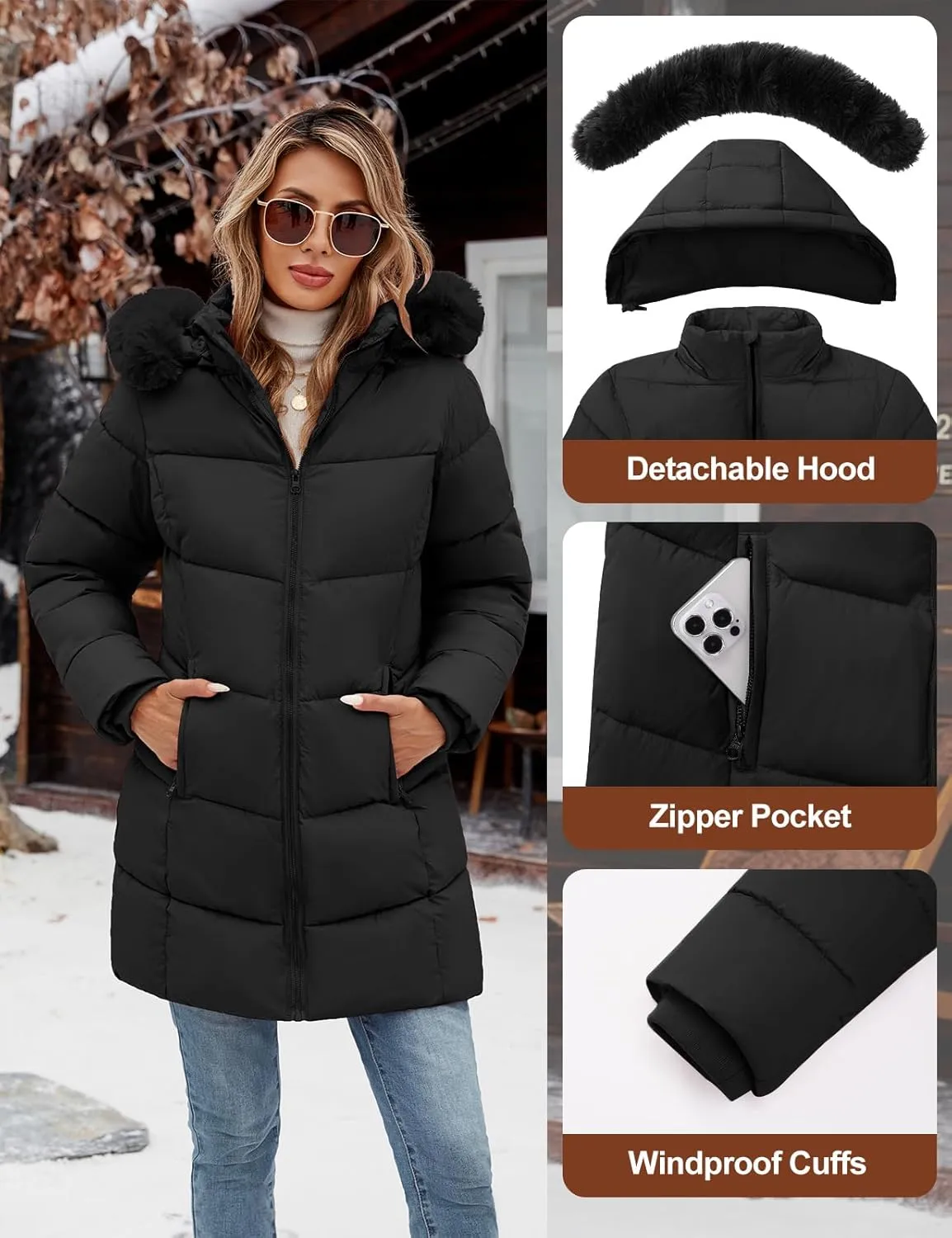 Womens Winter Coats Puffer Down Parka Thicken Warm Hooded Jacket Fleece Lined Outwear with Removable Faux Fur Hood