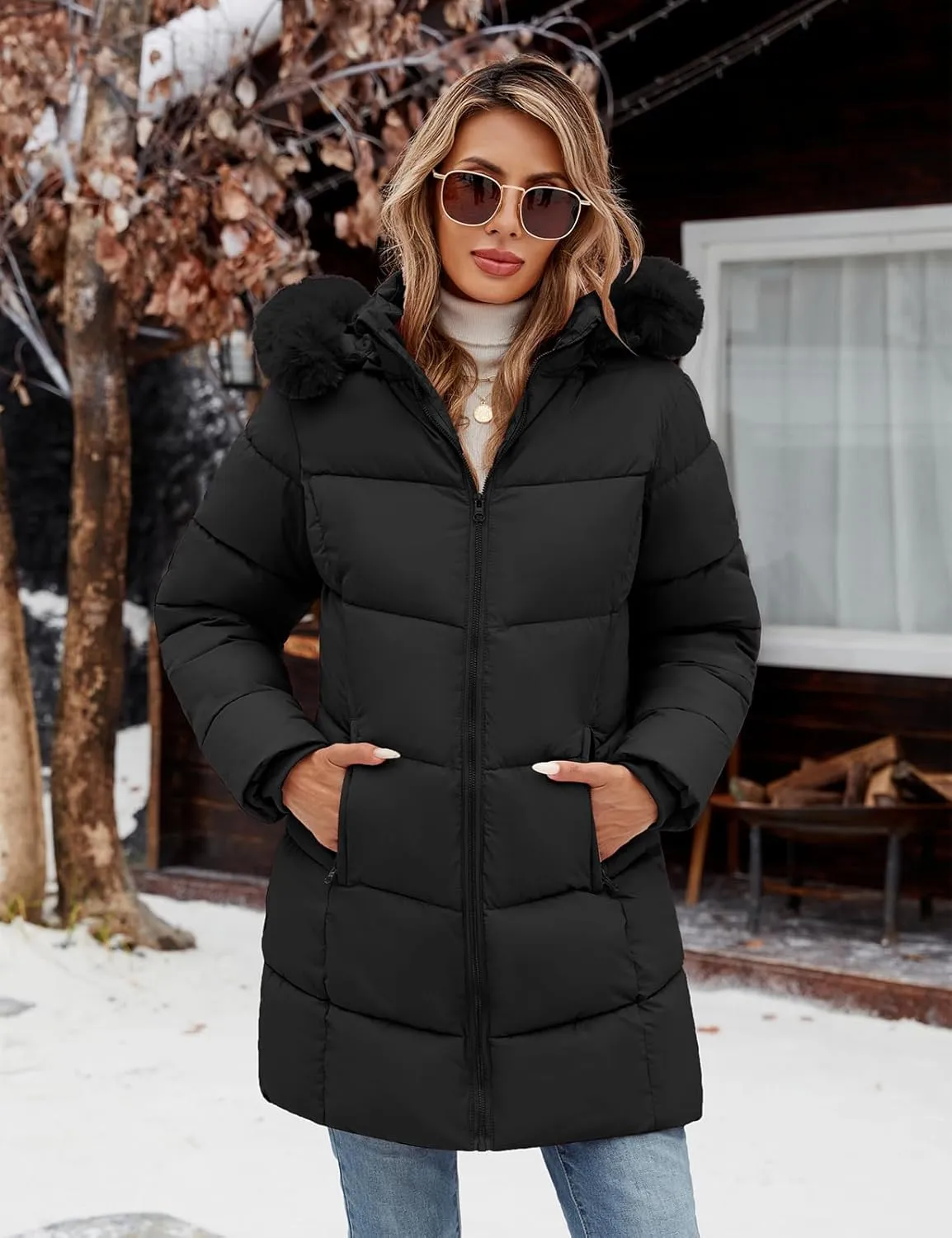 Womens Winter Coats Puffer Down Parka Thicken Warm Hooded Jacket Fleece Lined Outwear with Removable Faux Fur Hood