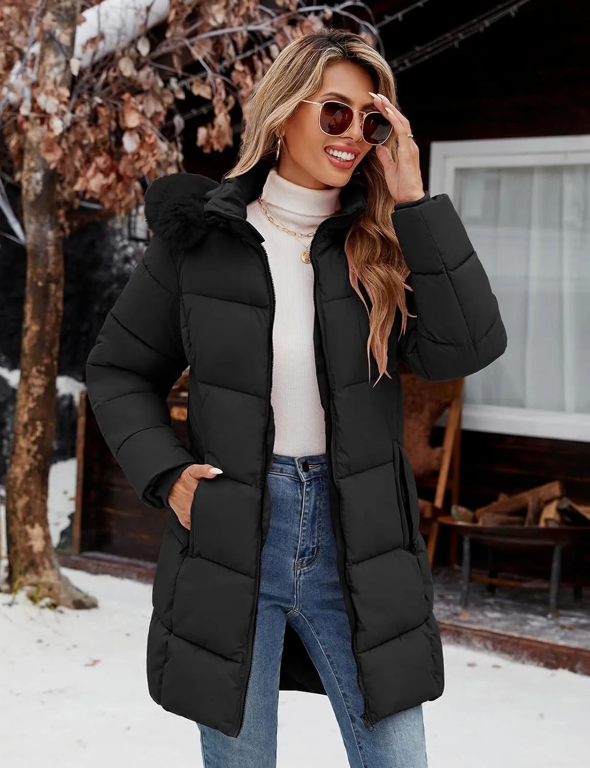 Womens Winter Coats Puffer Down Parka Thicken Warm Hooded Jacket Fleece Lined Outwear with Removable Faux Fur Hood
