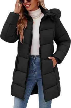 Womens Winter Coats Puffer Down Parka Thicken Warm Hooded Jacket Fleece Lined Outwear with Removable Faux Fur Hood