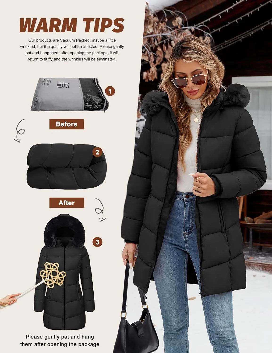 Womens Winter Coats Puffer Down Parka Thicken Warm Hooded Jacket Fleece Lined Outwear with Removable Faux Fur Hood