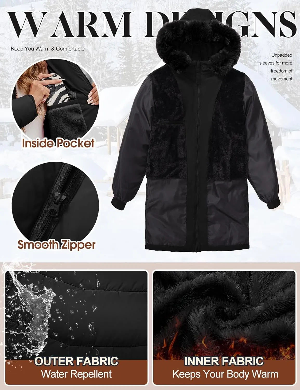 Womens Winter Coats Puffer Down Parka Thicken Warm Hooded Jacket Fleece Lined Outwear with Removable Faux Fur Hood