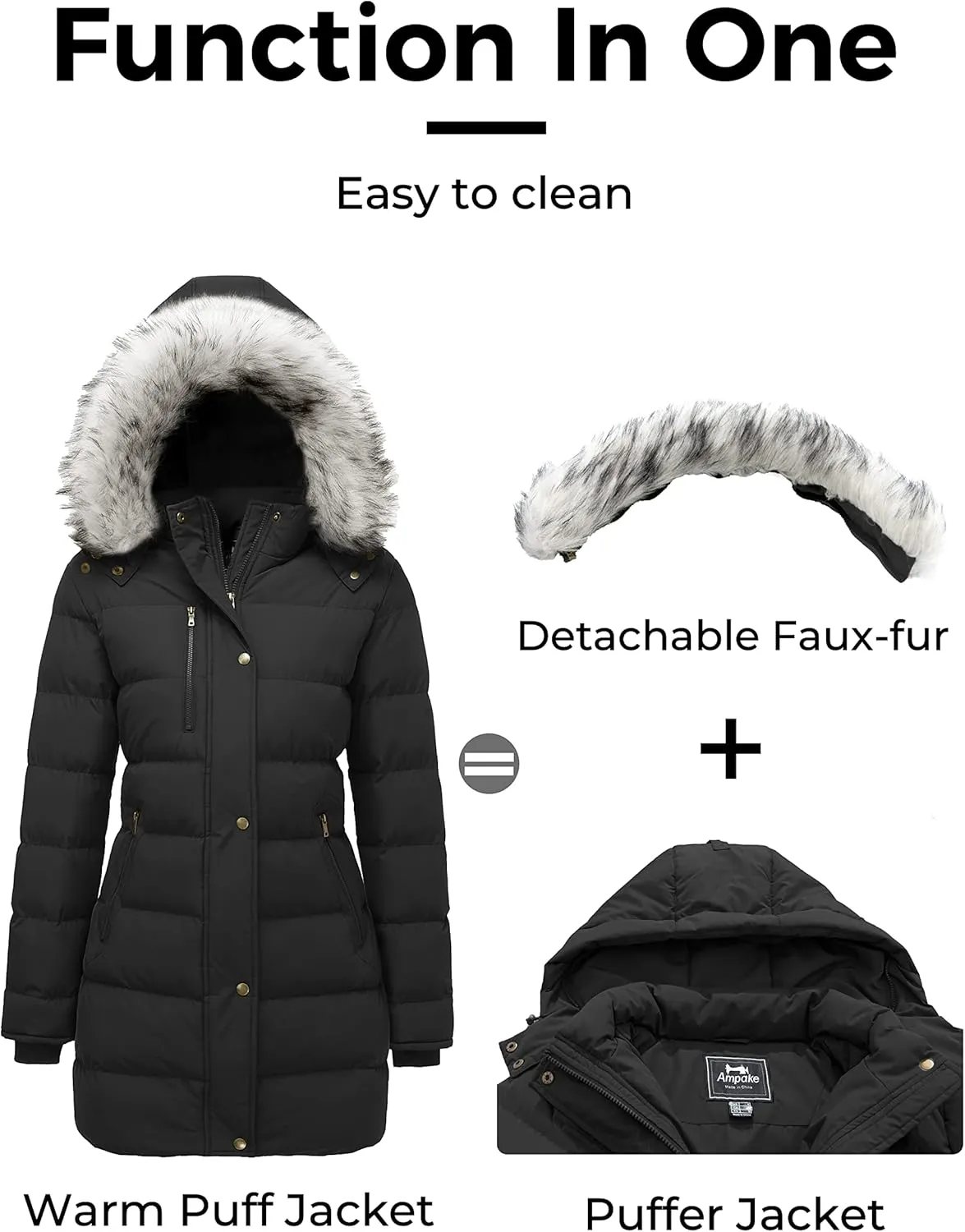 Women's Winter Warm Puffer Coat Parka Jacket with Faux Fur Removable Hood