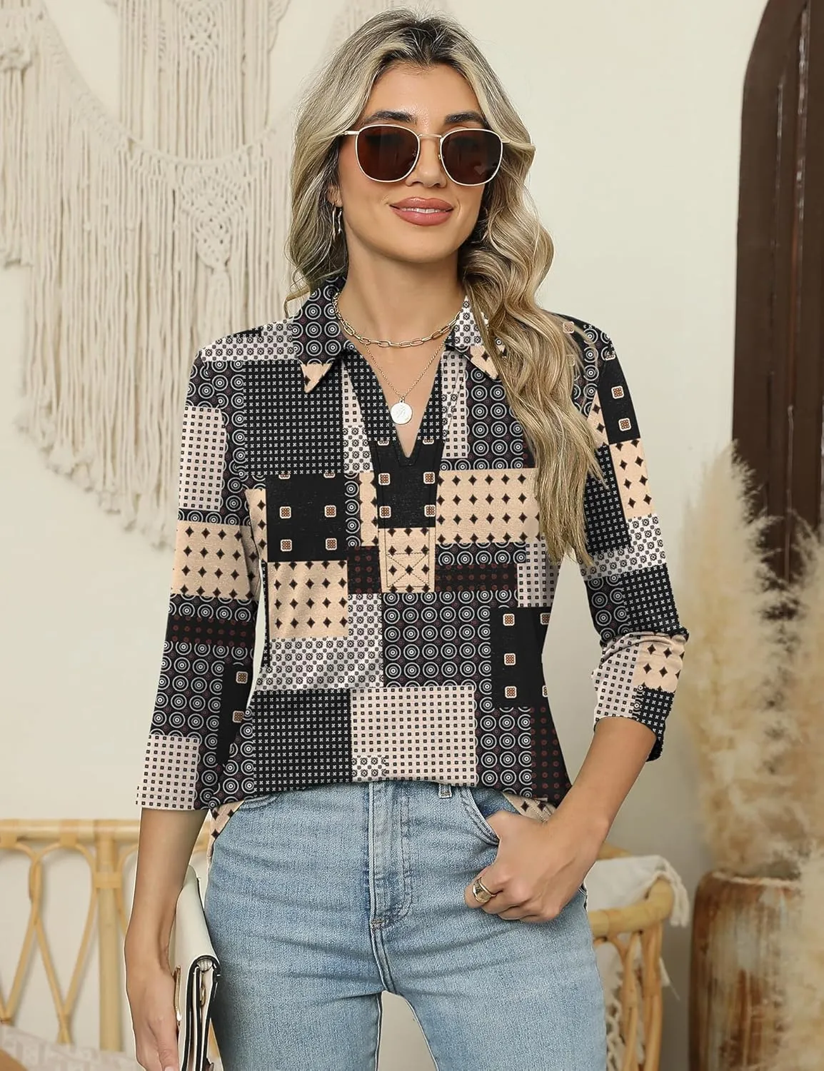 ZHENWEI Women's 3/4 Length Sleeve V-Neck Collared Tops Summer Business Casual Work Polo Shirts 2025