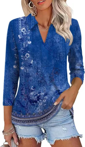 ZHENWEI Women's 3/4 Length Sleeve V-Neck Collared Tops Summer Business Casual Work Polo Shirts 2025