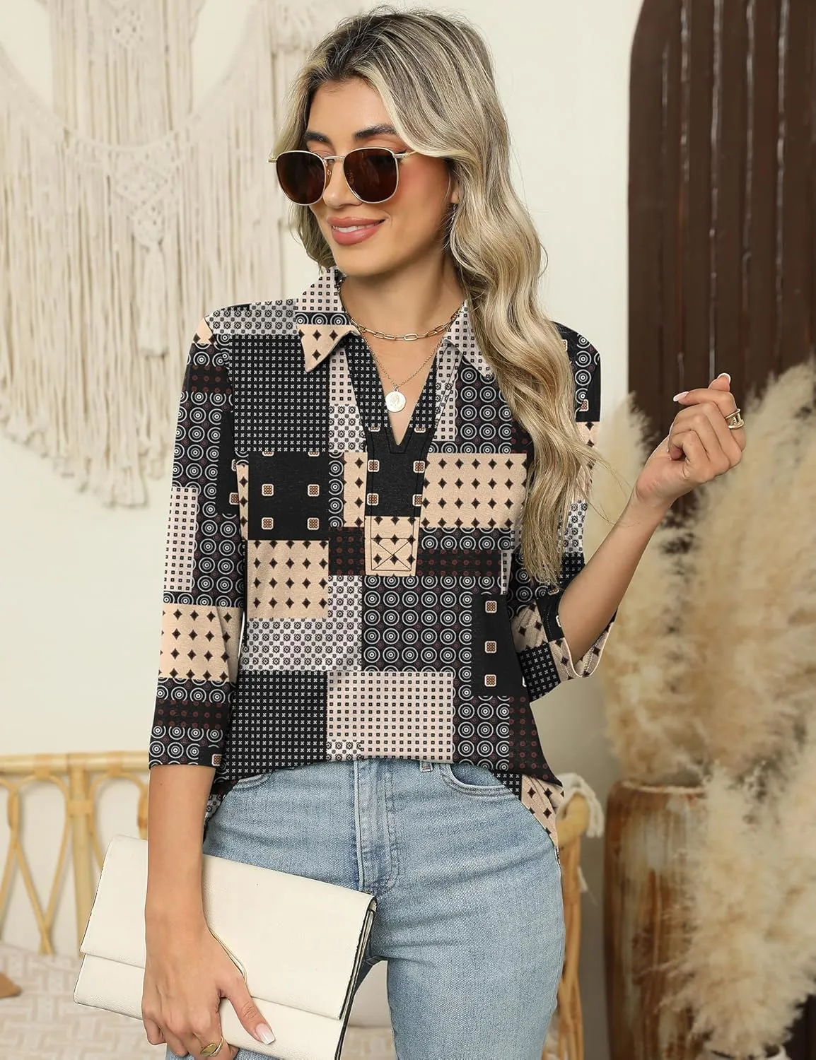 ZHENWEI Women's 3/4 Length Sleeve V-Neck Collared Tops Summer Business Casual Work Polo Shirts 2025