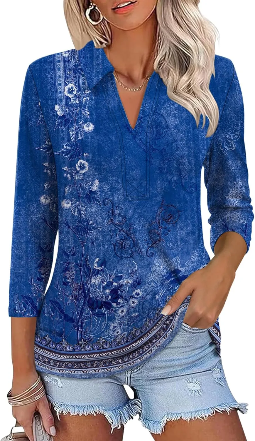 ZHENWEI Women's 3/4 Length Sleeve V-Neck Collared Tops Summer Business Casual Work Polo Shirts 2025
